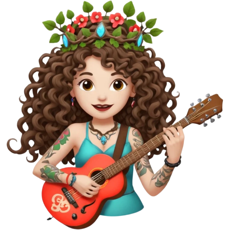 woman with long curly brown hair, brown eyes, white skin, tattoos, wearing a mushroom crown and tuning a neon vine guitar, mischievous rock grin emoji