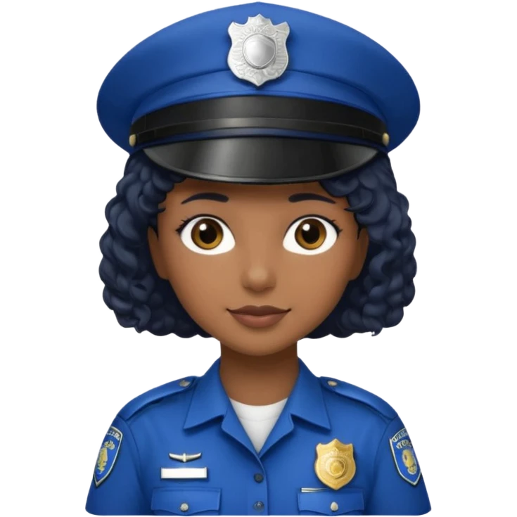 A female police officer with medium-dark skin tone, wearing a dark blue police cap with a silver badge in the center, short curly black hair showing from under the cap, large brown eyes, and a slight smile. emoji