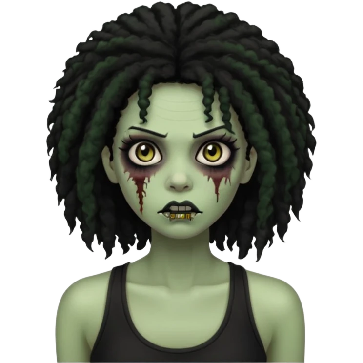 a female zombie with sage green skin, black long afro hair, eyelashes and a black tank top emoji