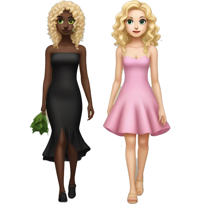 White girl with curly blonde hair (half up half down) in short free pink dress walking with green skin girl with dark fishtail styled hair and long black dress accompanied with black witches hat   emoji