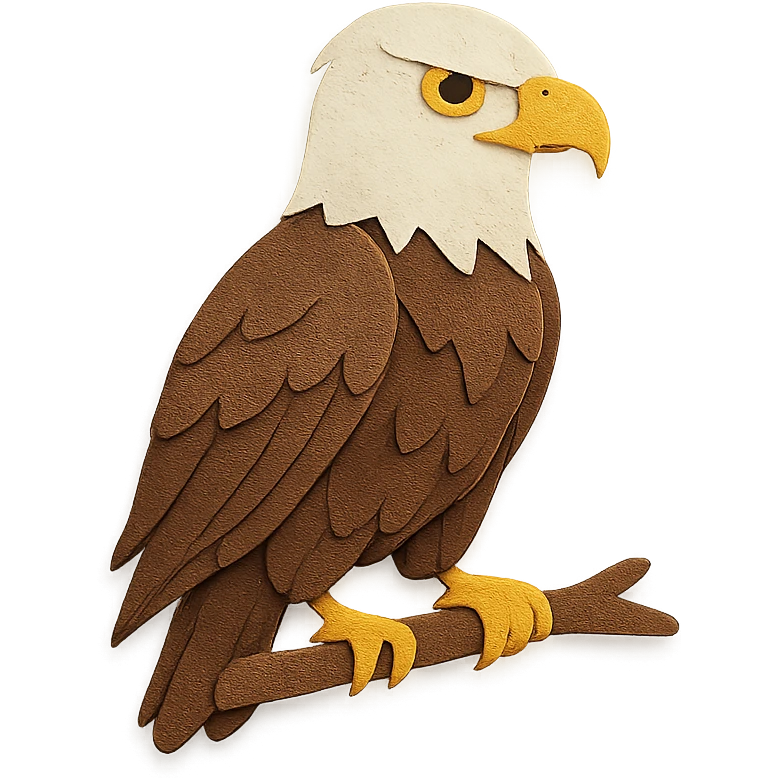 bald eagle on a branch, layered paper details, sharp yellow eyes, white head, brown plumage, naturalistic pose emoji