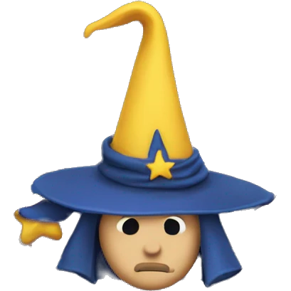 sad wizard wearing a dark blue pointy hat with yellow stars on it emoji