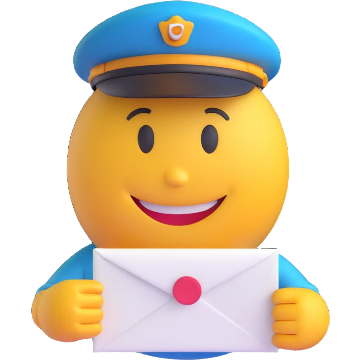 3D smiley emoji, circular shape, postman with postman hat and letter in hand, smiling face emoji