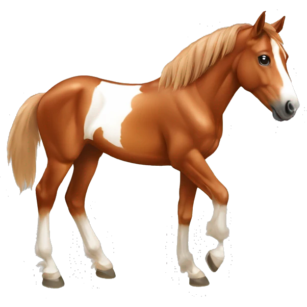 Chestnut horse with white, cheeky playful horse, young horse foal filly horse yearling playful trotting emoji