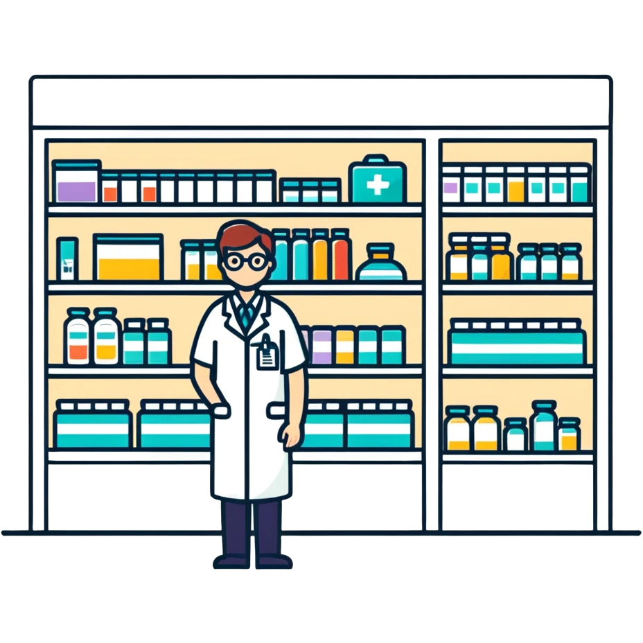 pharmacy shelves, pharmacist, sign emoji