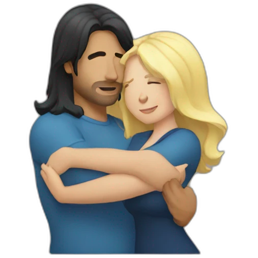 Man with long dark hair hugging a blonde curvy woman emoji