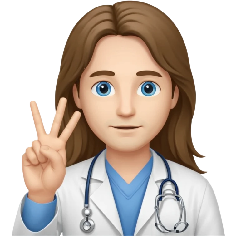 Doctor with long hair blue eyes and holding a peace sign emoji