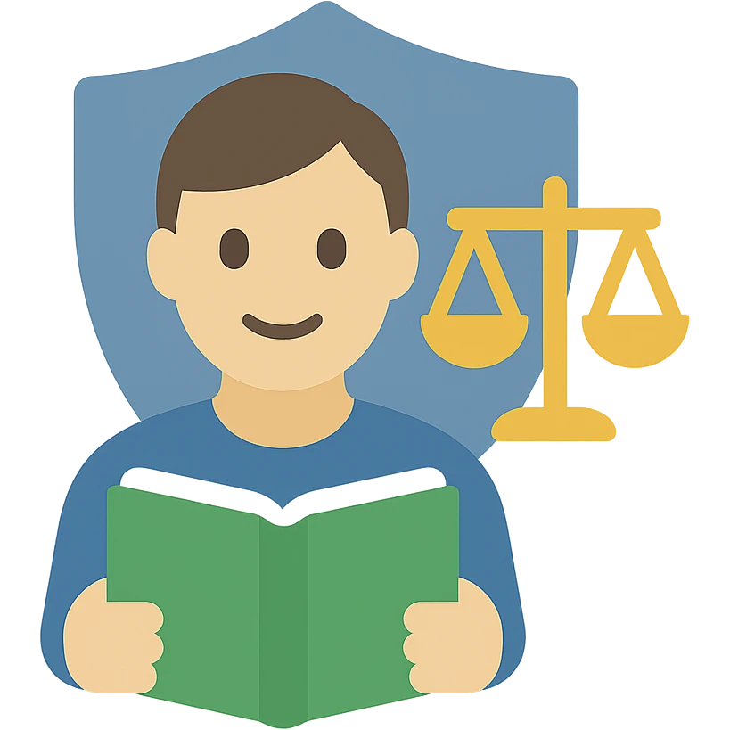 person with neutral or happy face holding a green book and a gold justice scale, shield behind them, flat color icon style emoji