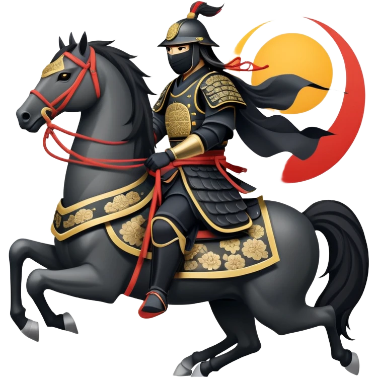 clash-of-clans-aesthetic_-cinematic-fearsome-and-majestic-samurai-bust-portrait-emoji, rendered in a flat, vector-style with minimal shading and bold, simplified shapes typical of emoji art, depicting a battle-hardened samurai with black mask and traditional black Japanese armor. The samurai is riding a noble grey warhorse adorned with an intricately designed saddle and fluttering banners and a rising sun. a samurai riding on a  horse emoji