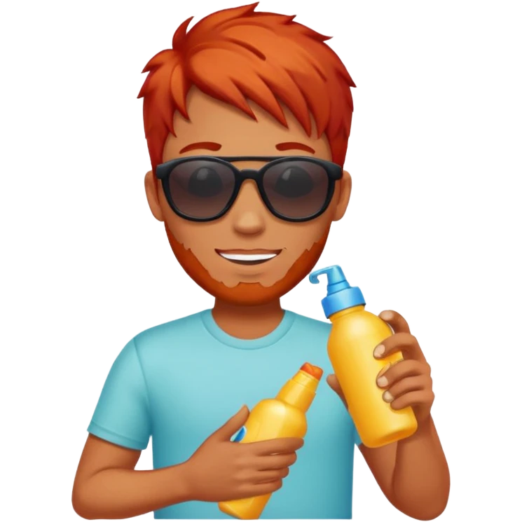 male red haired with suncream bottle and sunglasses, with sun burned emoji