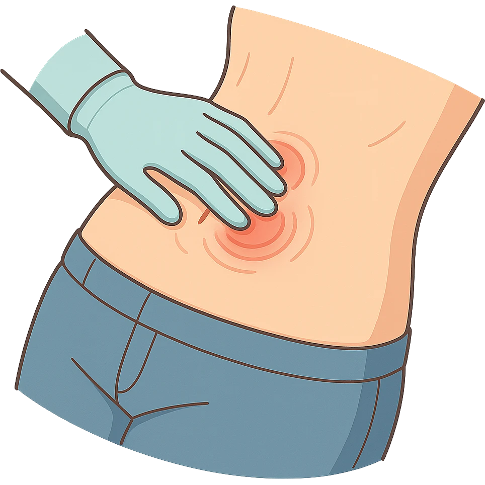 Close-up of a human abdomen with a doctor wearing gloves palpating it. Fingers gently pressing on the abdomen with pressure points highlighted by redness, dents, or waves around the fingers. The person is wearing pants, side view, 2D isometric style, very detailed, soft rounded shapes, clean contours, pastel palette, refined shadows and highlights, modern illustration, transparent background. emoji