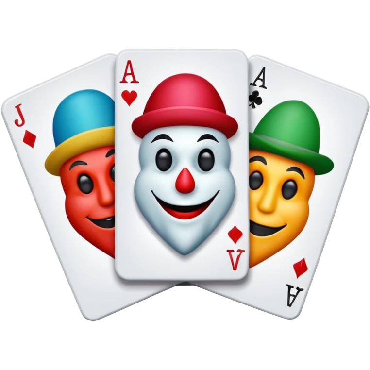 bunch of 3 poker cards, with crazy colorful jolly jokers inside, inversed face emoji