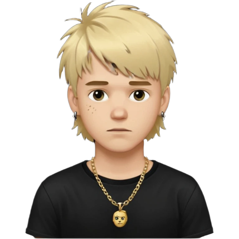 make a iphone emoji who is a white man that looks young with messy blonde medium hair with bangs, and a black punk shirt and a golden neckless emoji