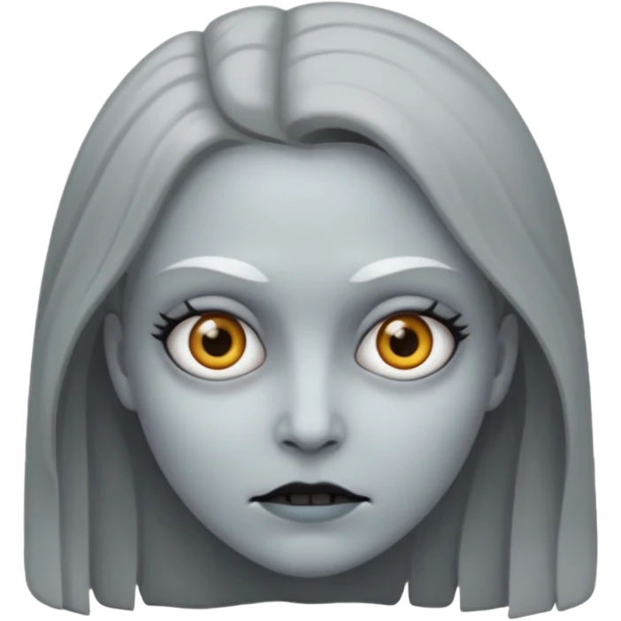 woman with gray skin and white eyes and a creepy face emoji