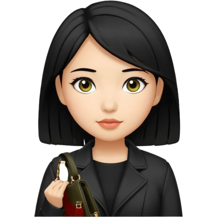 A girl with a pony tail black hair and olive skin, Asian eyes, with a black jacket and a black purse  emoji