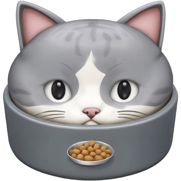 cute cat food bowl, the food is piled on top of the bowl where it is so full. The colour of the bowl is grey and the kibble in the bowl is white. emoji