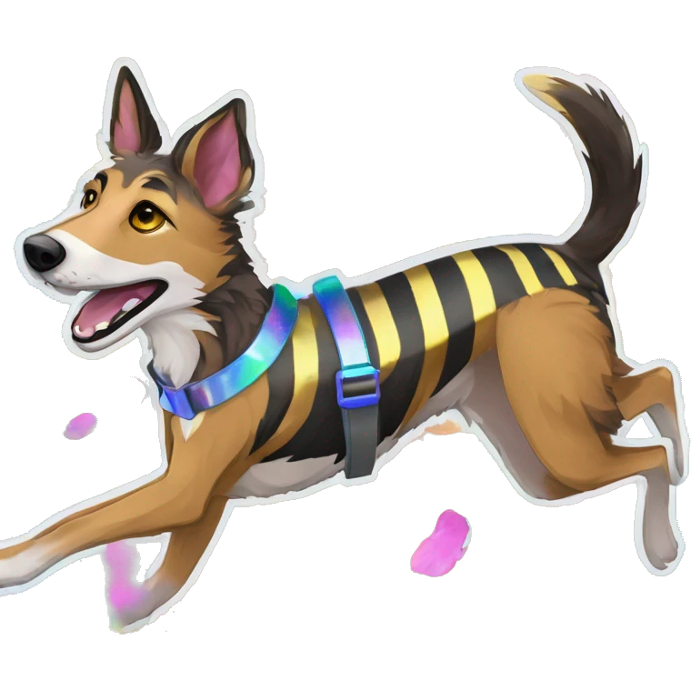  brindle brown black maroon striped lurcher Alsatian fox running blue eyes and iridescent holographic oilslick harness wearing paper iridescent tropical flower crown yellow caution tape emoji