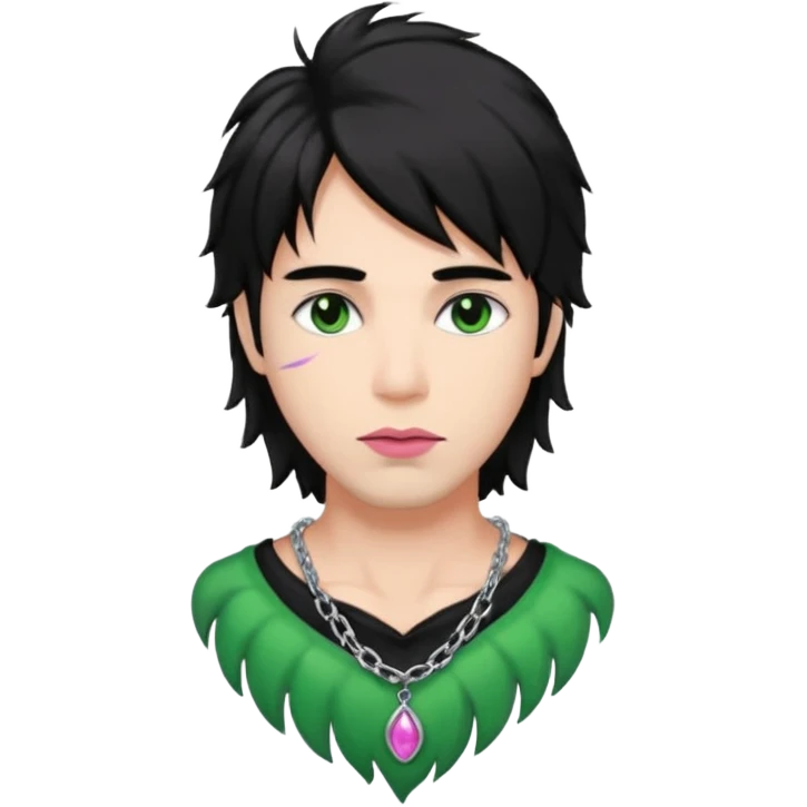 man with brown eyes, black long shaggy hair, eyeliner, pink plump lips, green stained neck from a silver chain necklace emoji