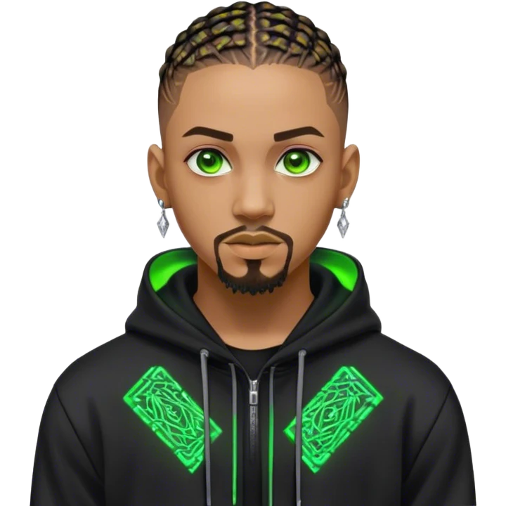 Light skinned African American male with green eyes as a cyberpunk hacker with cornrows hairstyle but short cornrows  with goatee facial hair with very small diamond stud earrings wearing a black hoodie emoji