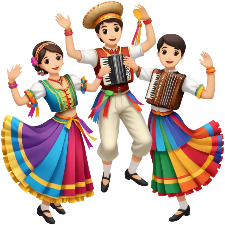 Icon for Folk Dance: close-up traditional dance shoes, colorful folk costumes, and a dance circle with ribbons and musical instruments like a tambourine or accordion. The icon should represent the vibrant and cultural aspects of folk dancing. Transparent background. emoji