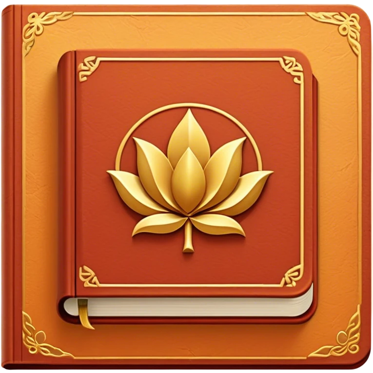 Un libro de cuero rojo terracota, con textura envejecida y bordes dorados desgastados. En la portada, un loto dorado en relieve, irradiando una aura cálida de sabiduría y transformación emoji