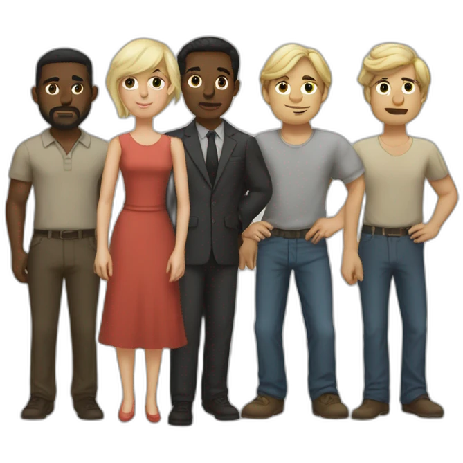 six dark-skinned men stand behind a pale blonde woman emoji