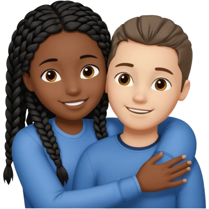 Dark black girl with black braids and dark tan white boy with curvy straight brown hair, they are hugging and smiling, and touching each other with their hands emoji