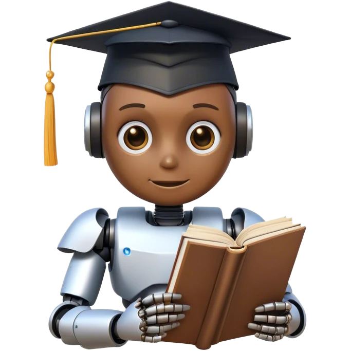 Ai  robot reading a big book with graduation head emoji