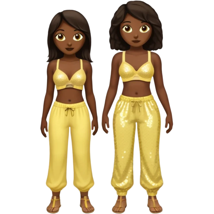 Sasha from Bratz with long dark brown hair, pale yellow bra, pale yellow sequin baggy pants, dark skin emoji