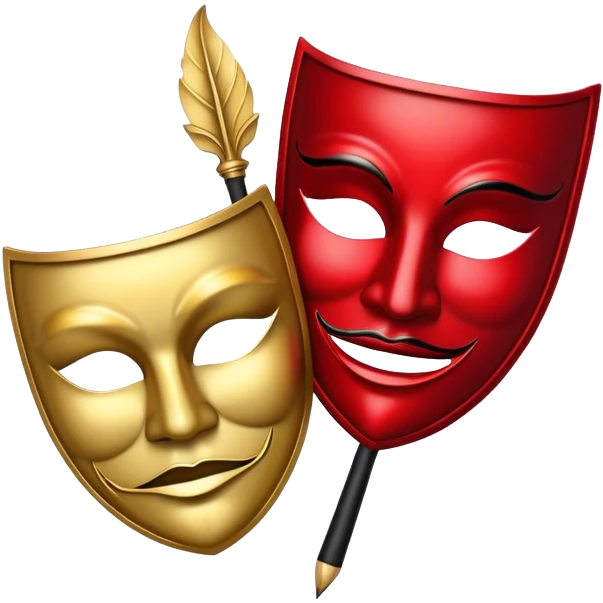 Create a bold and dramatic emoji representing the art of playwriting. The design should feature an open script or a theater playbook, with stylized text lines or dramatic dialogue inside. Include elements like a theatrical comedy and tragedy masks, a stage spotlight, or a writting quill to symbolize creativity and performance. Use deep, contrasting colors like red, black, and gold to evoke the intensity and passion of drama. The overall design should feel dramatic, inspiring, and artistic. Make the background transparent. emoji