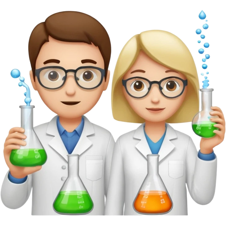 Five chemists: one organic chemist, on physical chemist, one inorganic chemist, one technical chemist and on theoretical chemist – each one with a typical item for their field emoji