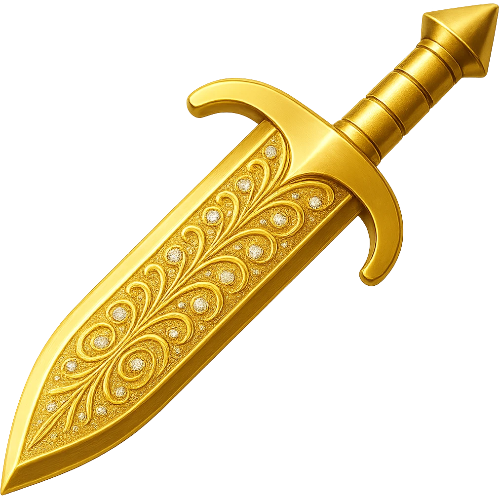Recolor this weapon to a plated gold color with ornate engravings inlaid with diamonds. The gold should be rich and metallic, and the engravings should sparkle with diamond accents. Transparent background. emoji