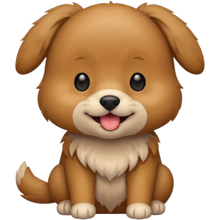 Cute small brown fluffy dog emoji icon. Round face, short muzzle, light brown fur with slightly darker ears, small black nose, happy smiling expression with tongue out. Soft friendly eyes, sitting pose with front paws together. Simple clean vector style, minimal details, kawaii style. emoji