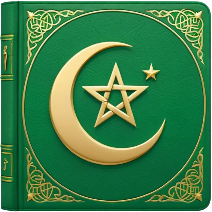 Closed Quran with the Islamic Symbol on it (moon and star) green from left to right emoji