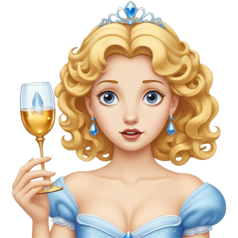 Cinematic Funny Cinderella Portrait Emoji, Stunned expression as she holds a glass slipper much too big, one eyebrow raised, golden curls slightly messy, a mix of royal grace and unexpected humor, capturing a lighthearted twist on her fairy tale moment! emoji