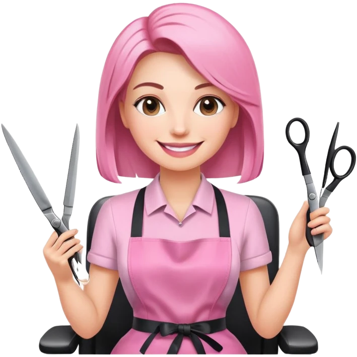 smiling woman client in pink apron sitting in salon chair, female hairstylist smiling behind with scissors emoji
