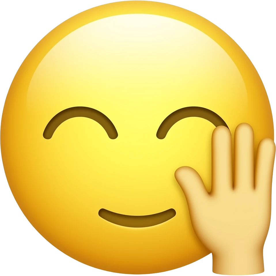 yellow face emoji with a smile and no nose and with a grabbed hand turned and next to the face and eyes closed down emoji