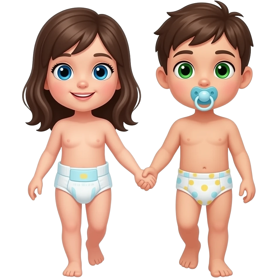 A blue-eyed girl wearing a diaper and green-eyed boy wearing a diaper walking and holding handsand wearing a cloth diaper sucking on pacifier emoji