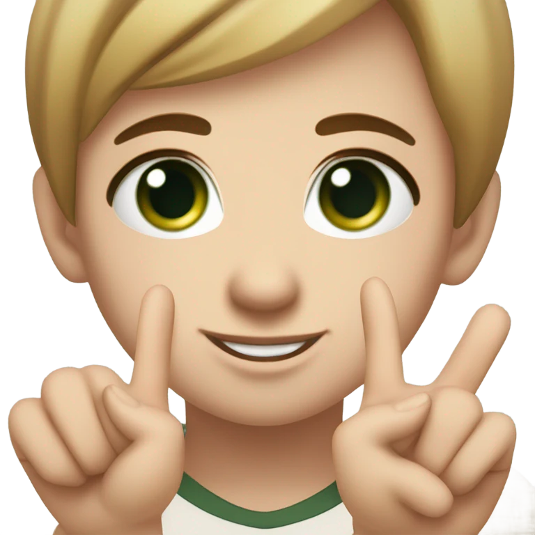 Partrait below the shoulders. round cute face. rosy cheeks, fair skin. dark green eyes, wink. thick black eyelashes. small nose. long hair, hair color light brown. Large earring in the ear. Background with gradient. Fingers show victory hand sign emoji