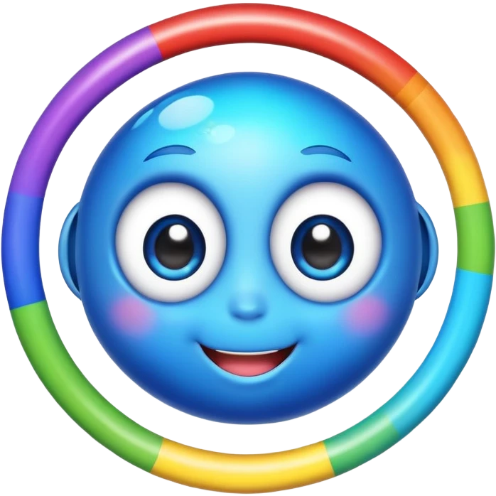 blue planet with rainbow colored rings and a cute smiling face with big eyes emoji