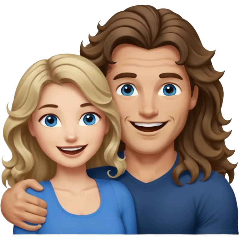 Women with blue eyes and very long, brown blond balayage curled hair in the arms of a man with strong arms a straight face, a very sexy man blue eyes. They are laughing at each other. He has dark brown hair: A fade haircut down to skin and is light skinned  emoji