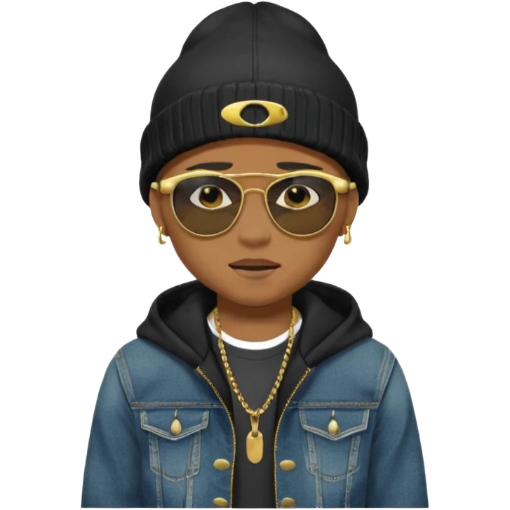 un emoji de un chico emcapuchado, con gorro kalenji, dientes de oro, com uma jaqueta denim tears preta e uns oculos da oakley emoji