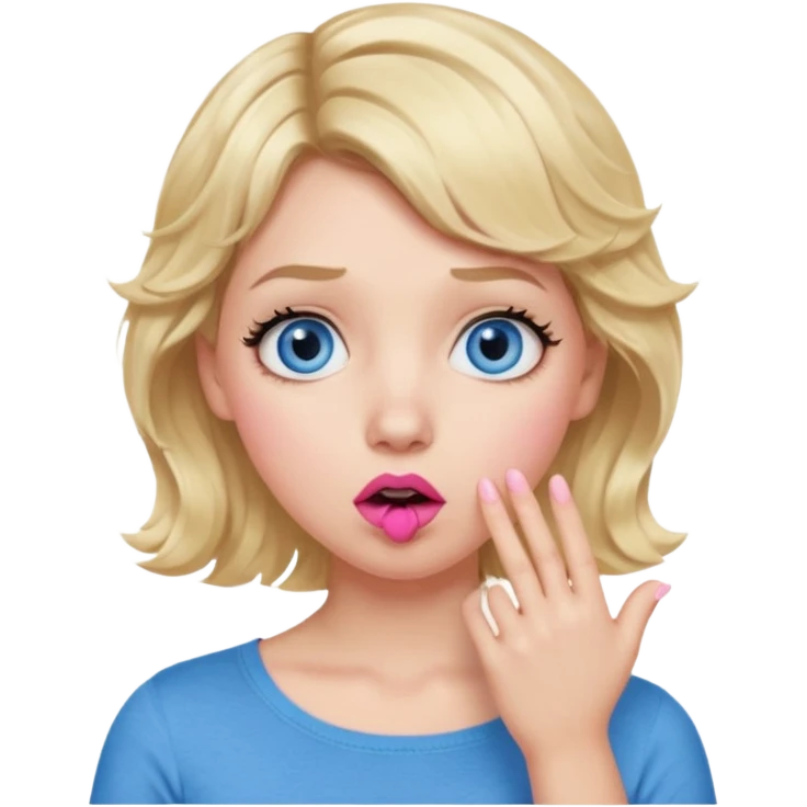 Girl Blonde short wavy hair,  blue eyes, cute blue top, long lashes, pink lips, shocked, hand over the mouth emoji