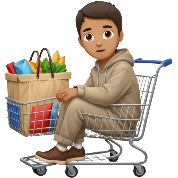 A man in oversized second-hand clothes, sitting beside a shopping cart of items, looking around with soft hopeful eyes.
 emoji
