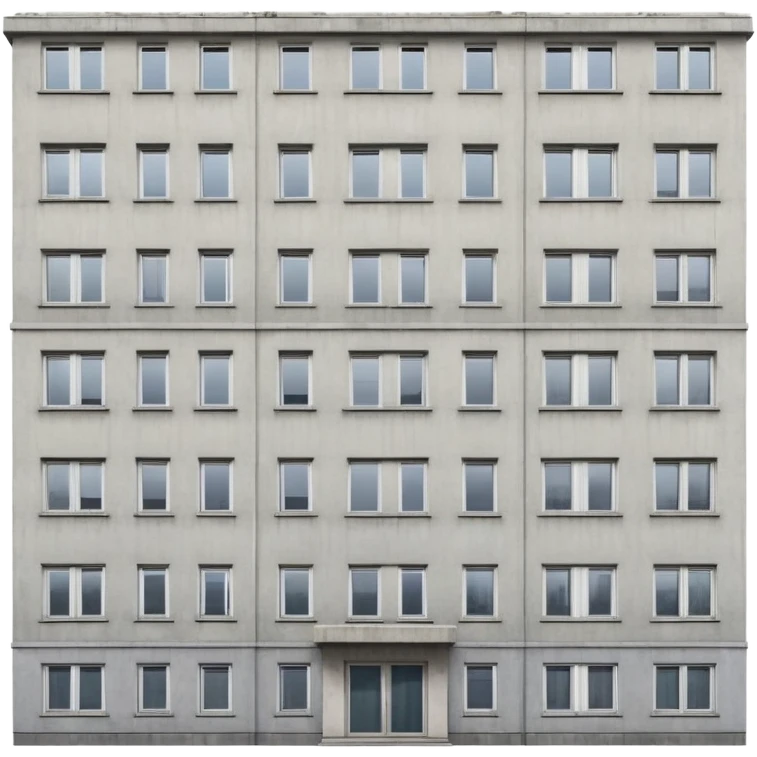 Soviet-era panel apartment building with rows of identical windows, gray concrete facade, flat roof, typical Russian multi-story residential building emoji