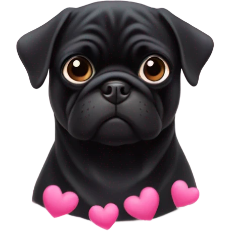Black pug surrounded by pink hearts emoji