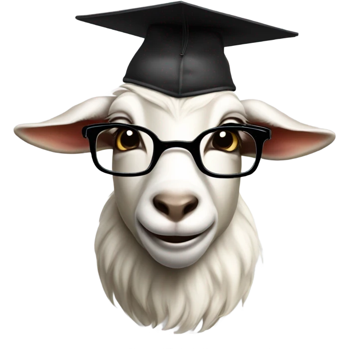 a smart nerdy goat wearing glasses and graduation hat smirking emoji