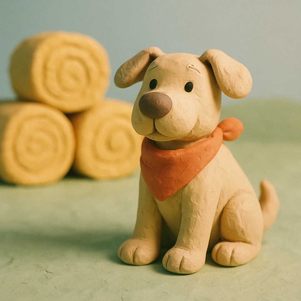 friendly farm dog with a bandana, hay bales in background, soft pastel colors, claymation style emoji