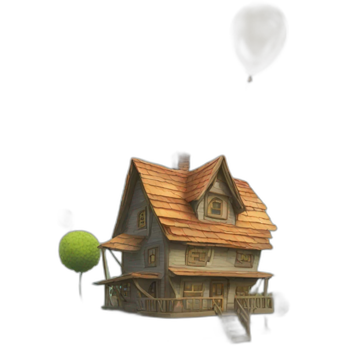 Flying house with lot of colored balloons emoji