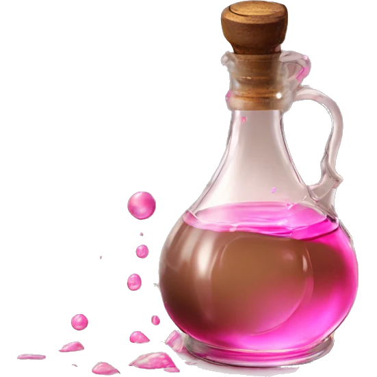 Mysterious Alchemical vintage glass potion bottle, exquisite bottle shape, old and shabby, with label, stylish and minimalistic, brown and pink, oil potion is poured out of the bottle, oil is spilled next to it emoji